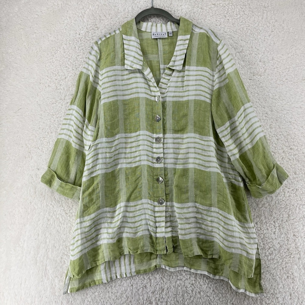 Habitat Shirt Women's Medium Green Button Up‎ Lagenlook 3/4 Sleeve Lightweight